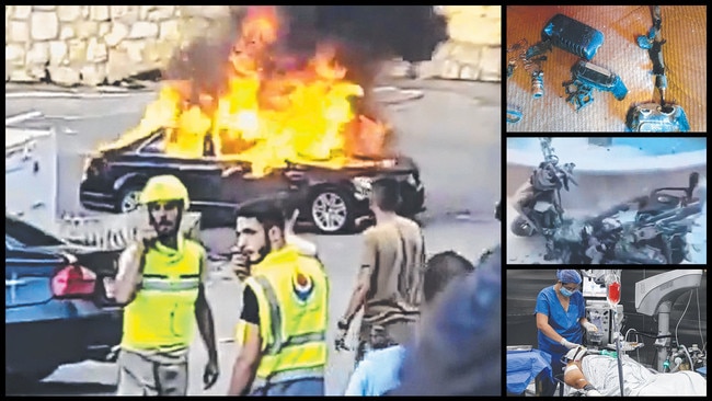 Clockwise from main: Flames engulf a car in Beirut after a walkie-talkie exploded, remains of one of the devices, a destroyed motor scooter, and an injured man is operated on. Picture: X/AFP/Reuters