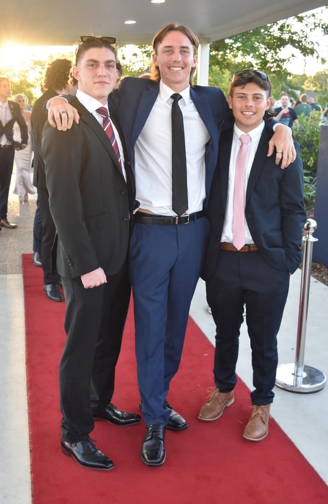 Nicholas Pollack, Myles Moore and Ryan Krome at the Mountain Creek State High School formal on November 18, 2022. Picture: Sam Turner