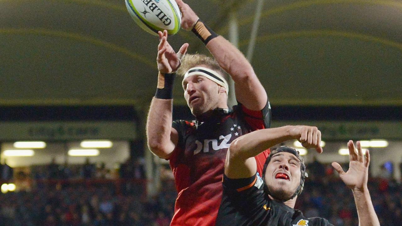 Kieran Read of the Crusaders and Guido Petti of the Jaguares compete for a lineout.