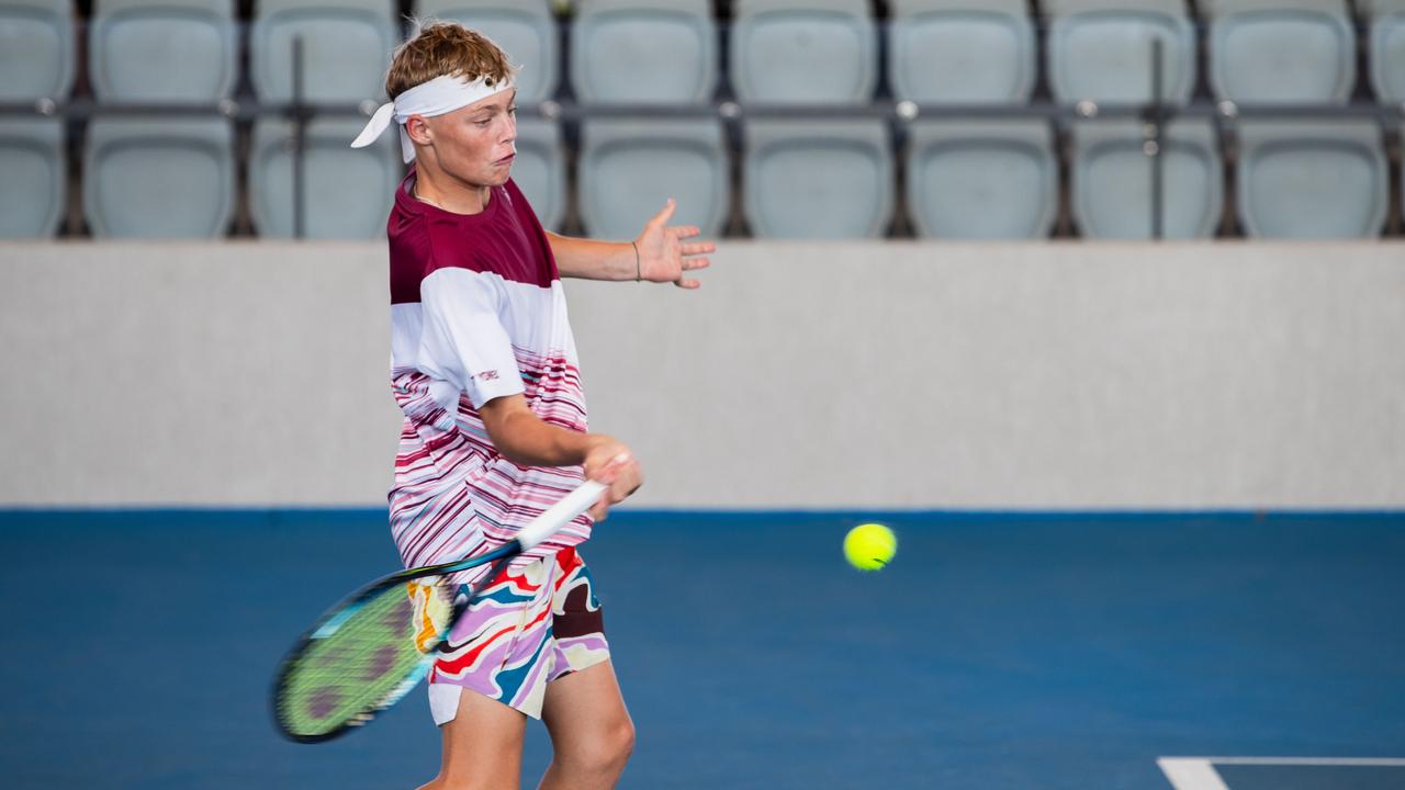 Cruz Hewitt (AUS) in action during the second round of qualifying Darwin International Tour at the Darwin International Tennis Centre, Darwin. Picture: Pema Tamang Pakhrin