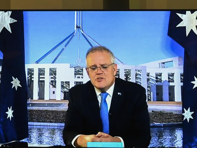 Mr Joyce was in the prime minister’s chair, as Scott Morrison again appeared via videolink from quarantine. Picture: NCA NewsWire / Martin Ollman