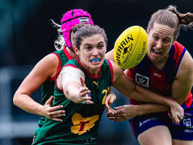 Tasmania Devils pathway player Emily Mifsud in action at UTAS Stadium, Launceston against Port Melbourne. Picture: Linda Higginson/Solstice Digital