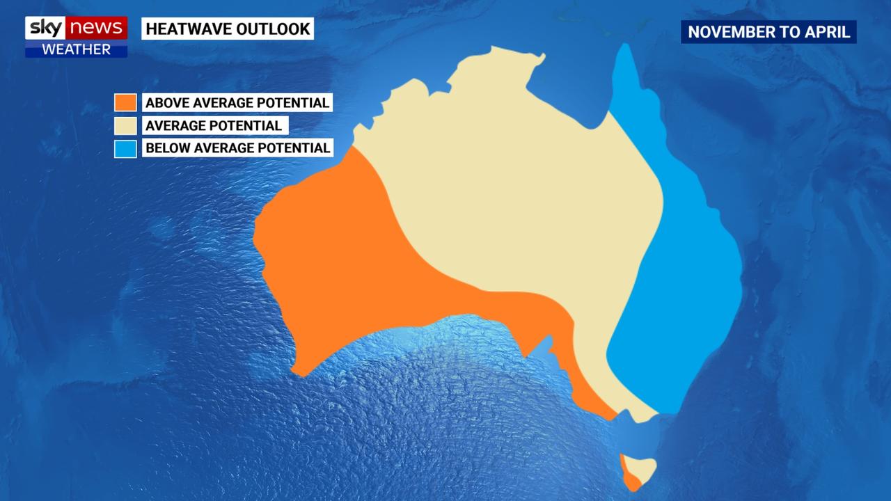 Parts of WA, SA, Victoria and Tasmania could all be at risk of summer heatwaves. Picture: Sky News Severe Weather Season outlook for 2022/23