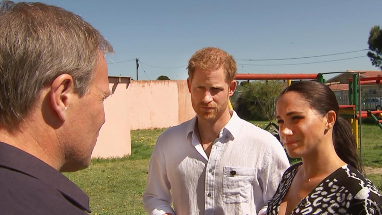 Tom Bradby with Harry and Meghan in southern Africa in 2019. Picture: ITV