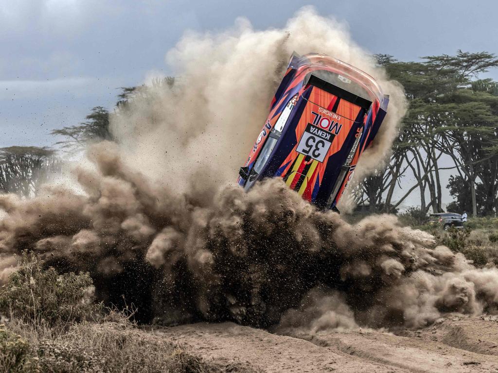 Tanzanian driver Yasin Nasser loses control of his Ford Fiesta Mk II with Ugandan co-driver Ali Katumba as their vehicle rolls during the World Rally Championship (WRC) Safari Rally Kenya Special Stage 7 (SS7) in Naivasha, on March 29, 2024. Picture: AFP