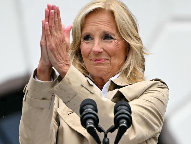 US First Lady Jill Biden speaks during a barbeque for active-duty military families in honor of the Fourth of July on the South Lawn of the White House in Washington, DC, July 4, 2024. (Photo by Mandel NGAN / AFP)