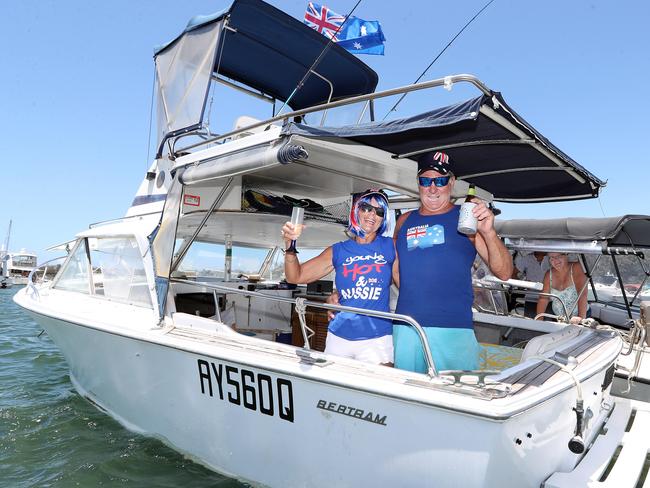 Australia Day on the Broadwater. Photo at Wavebreak Island of Karen Georgacopoulos, Brisbane and Mark Godfrey, 60, Broadbeach. Photo by Richard Gosling