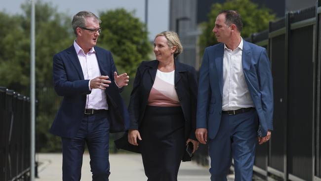 NSW Labor leader Michael Daley, Riverstone state Labor candidate Annemarie Christie and opposition education spokesman Jihad Dib outside The Ponds High School. Picture: Justin Lloyd