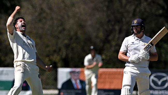 PrahranÃs Aidan Wheeler celebrates the wicket of RingwoodÃs Jackson Freeman, right during the Premier Cricket Ringwood v Prahran match at Russell Lucas Ova in Ringwood, Saturday, March 11, 2023.Picture: Andy Brownbill