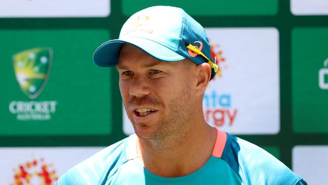 MELBOURNE, AUSTRALIA - DECEMBER 24: David Warner speaks to media during an Australian Test squad training session at Melbourne Cricket Ground on December 24, 2022 in Melbourne, Australia. (Photo by Kelly Defina/Getty Images)