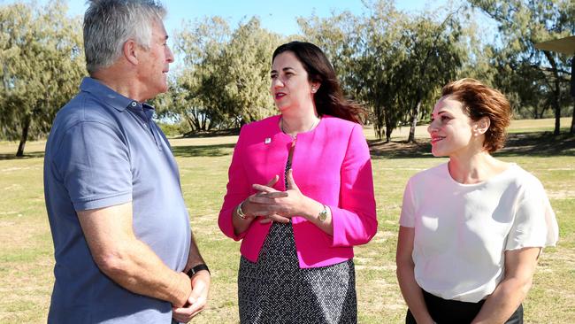 Premier Annastacia Palaszczuk and Deputy Jackie Trad talk with Save Our Spit President Steven Gration after the announcement. Picture Mike Batterham