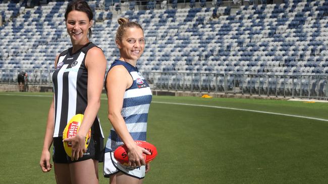 Collingwood’s Sharni Layton and Geelong’s Anna Teague at GMHBA Stadium ahead of the AFLW season opener. Picture: Alison Wynd