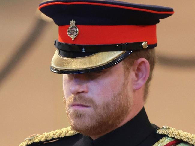 LONDON, ENGLAND - SEPTEMBER 17: Prince Harry, Duke of Sussex arrives to hold a vigil in honour of Queen Elizabeth II at Westminster Hall on September 17, 2022 in London, England. Queen Elizabeth II's grandchildren mount a family vigil over her coffin lying in state in Westminster Hall. Queen Elizabeth II died at Balmoral Castle in Scotland on September 8, 2022, and is succeeded by her eldest son, King Charles III. (Photo by Chris Jackson/Getty Images)