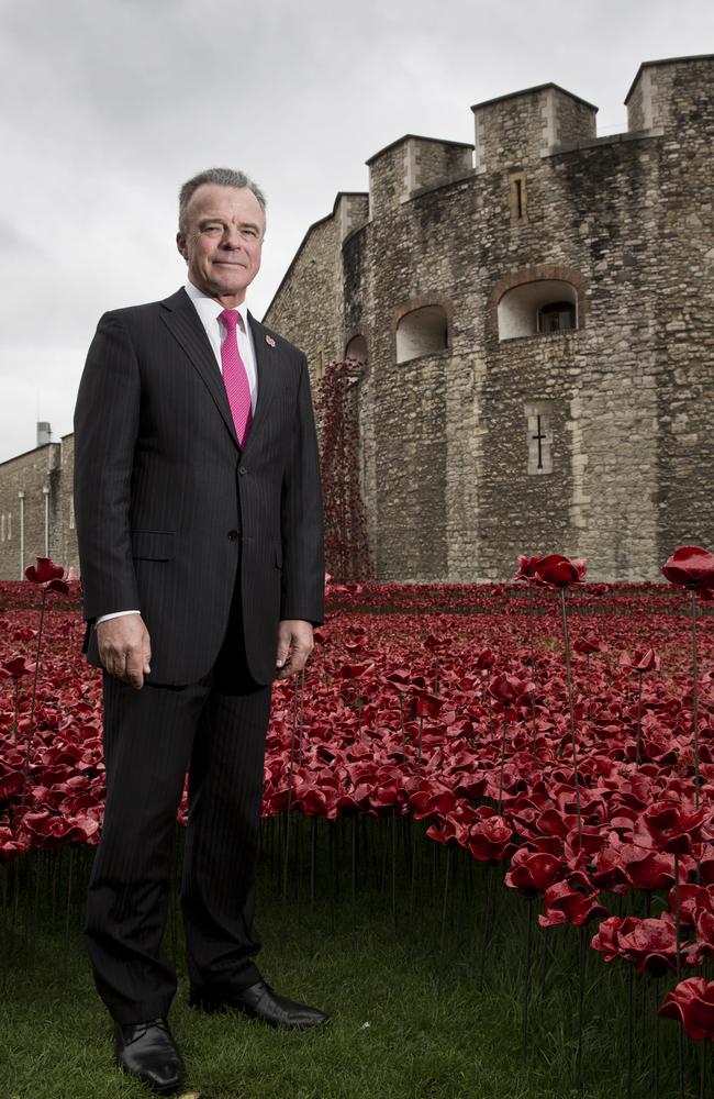 Right move ... Director of the Australian War Memorial Brendan Nelson at the evolving installation Blood Swept Lands and Seas of Red, marking the centenary of the outbreak of WWI at the Tower of London. Picture: Ella Pellegrini