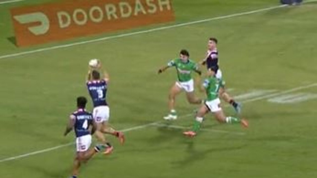 Paul Momirovski scored a try off what appeared to be an obvious forward pass from Angus Crichton. Picture: Fox League.