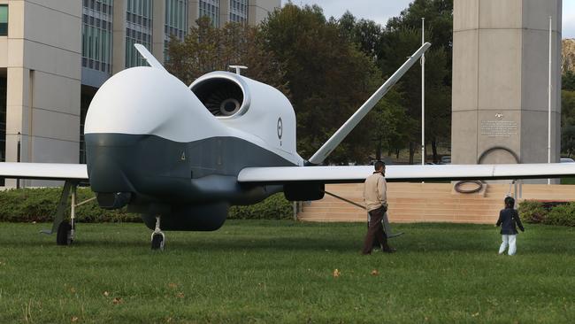 A mock-up RAAF Triton drone at Blamey Square at Defence HQ in Canberra.