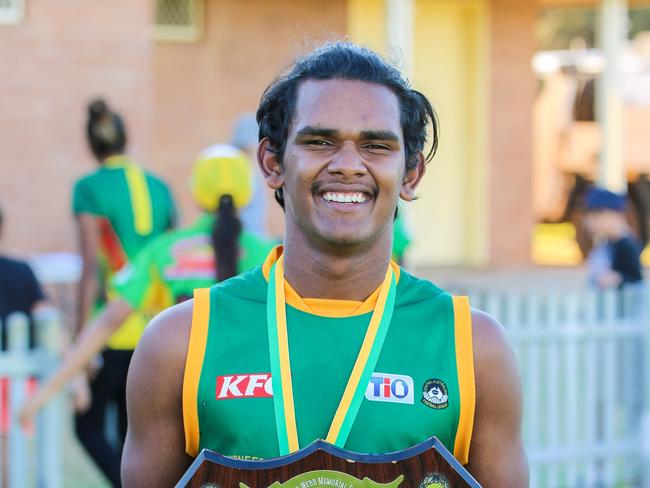 Kane Sevallos-Seden after being named best on ground for Pioneer as the club retained the Foster-Webb Shield. Picture: Charlie Lowson.