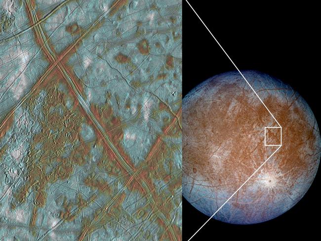 NASA image artist image projection showing a body of water under the icy surface of one of Jupiter's moons, Europa.