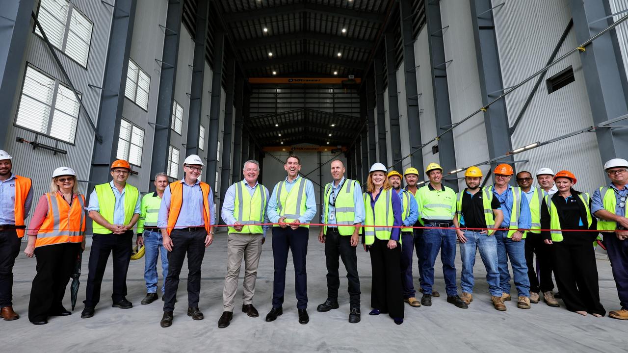 Managing director of CSF Industries Sean Adams, Cairns MP Michael Healy, Queensland Deputy Premier Cameron Dick, Norship chief executive Olav Groot and Advance Cairns chief executive Jacinta Reddan cut the ribbon on the newly opened cavernous facility equipped with two gantry cranes and a complete ventilation system. Picture: Brendan Radke