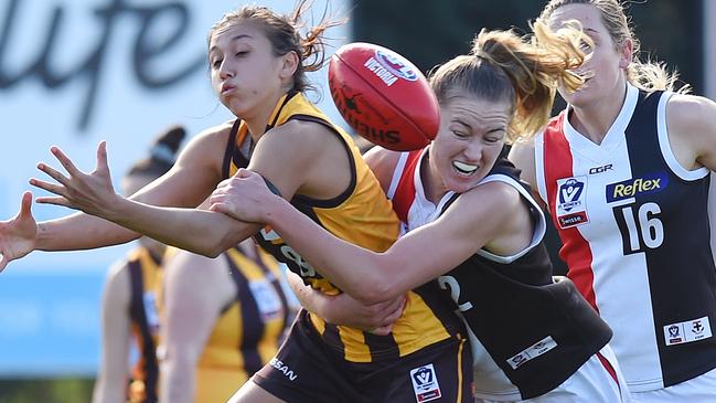 Hawthorn's Rebecca Beeson is caught by Southern Saints’ Alison Brown. Picture: Josie Hayden