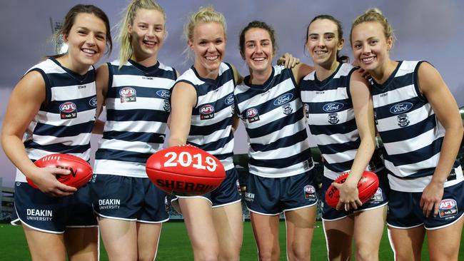 Geelong AFLW signings Danielle Orr, Jordan Ivey, Kate Darby, Bec Goring, Cassie Blakeway and Renee Garing. Picture: Peter Ristevski