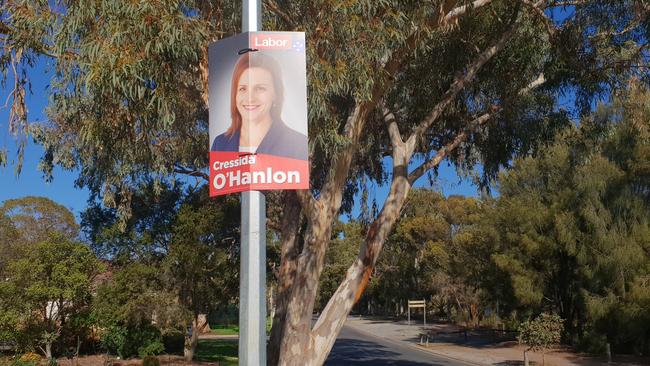 The election corflutes for Labor candidate Cressida O’Hanlon still hanging in Schulze Rd, Athelstone. Picture: Colin James