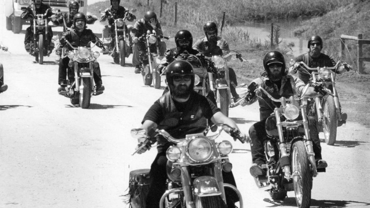 Motorbike riders make their way to the Ponde Music Festival, organised by the Hells Angels, in February 1995.