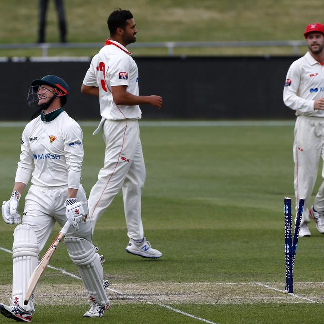 George Bailey after being bowled first ball. Picture:AAP/LEIGH WINBURN