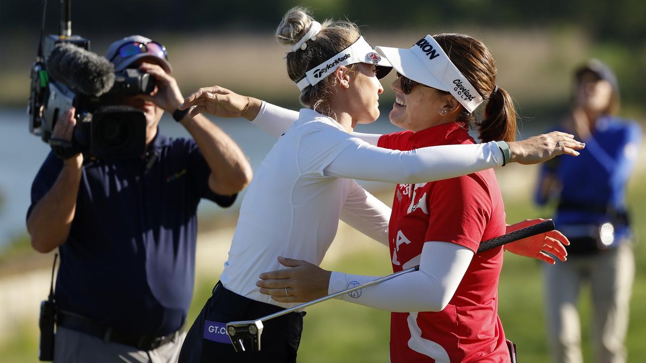 Nelly Korda of the United States and Hannah Green of Australia embrace after their final round duel. (Photo by Sarah Stier/Getty Images)
