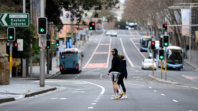 Near-empty streets in central Sydney as the city continues its lockdown. Picture: Bianca De Marchi