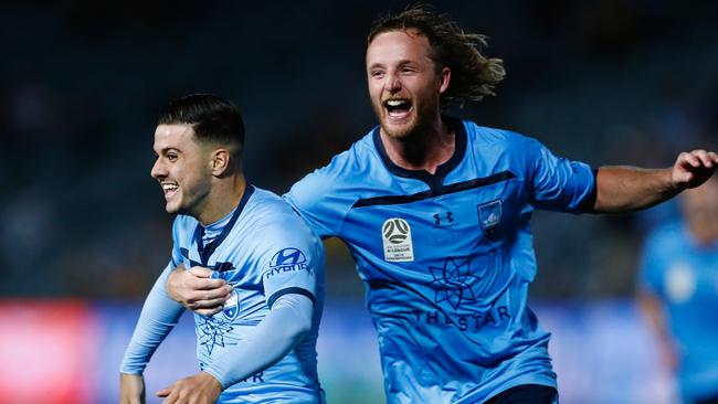 Marco Tilio celebrating scoring a goal with Sydney FC teammate Rhyan Grant.