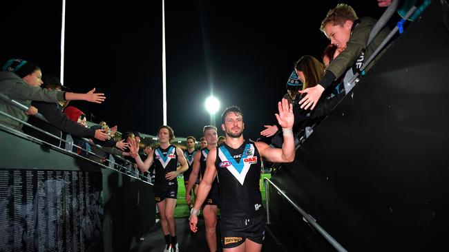 Port Adelaide skipper Travis Boak is relieved to be fronting West Coast in Saturday’s elimination final at Adelaide Oval after missing consecutive finals series. (AAP Image/David Mariuz)