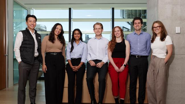 Gilbert + Tobin graduates Matthew Wu, Talia Nardi, Abi Vaseeharan, Bodhi Morgan, Hannah Kaine, Tate Lindsay, and Abbey Stewart. Jane Dempster/The Australian.