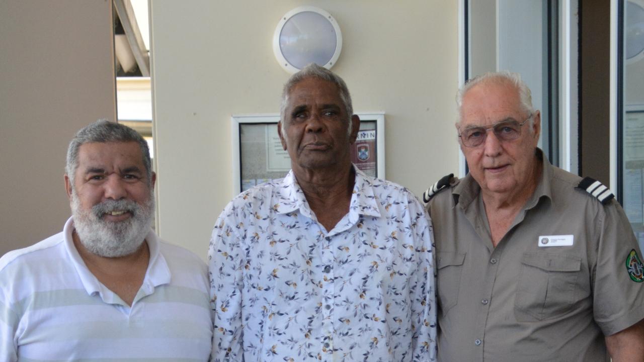 Murrumu Walubara Yidindji, left, formerly known as Jeremy Geia, renounced his Australian citizenship in 2014, declared himself a citizen of the Yidindji nation, founding the Sovereign Yidindji Government. He is pictured with Bumi Gimbaia and Gingira Warrnggay at Mareeba Magistrates Court.