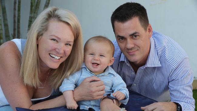 Colby Hyland and his parents Lauren Hyland and Jason Hyland at their Broadbeach Waters home. Picture: Glenn Hampson