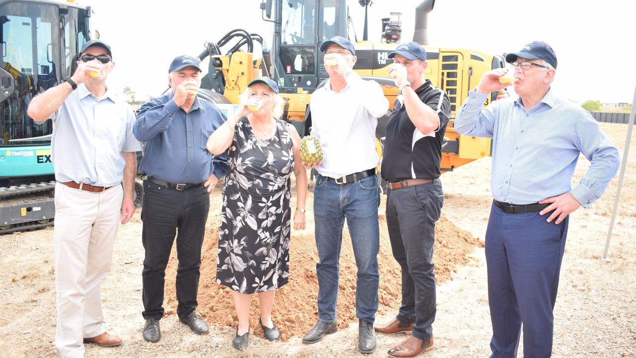 John Bauer, Livingstone Shire Council Mayor Bill Ludwig, Federal Member for Capricornia Michelle Landry, Director of Tropical Pineapples and Hidden Valley Harvest Joe Craggs, Principal of ASM Builders Sam Milfull and Director of Harvest Group Andrew Robb at the sod turning in 2019.