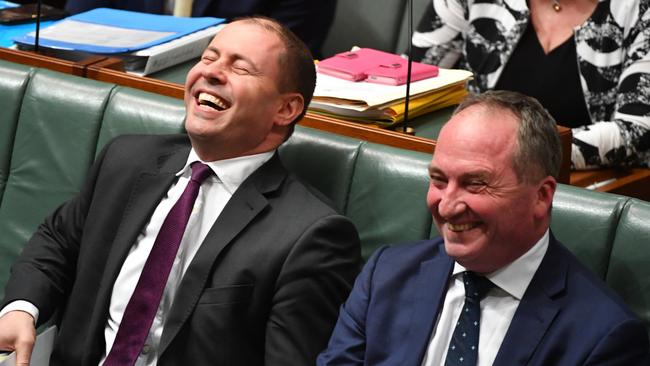 No laughing matter for Josh Frydenberg and Barnaby Joyce. Picture: AAP Image/Mick Tsikas