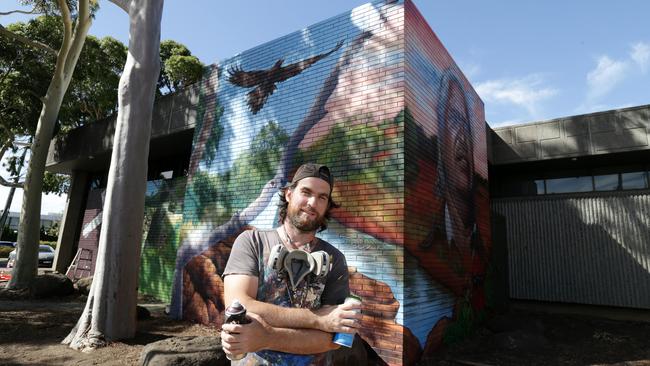 Artist Hayden Dewar was asked to do the mural honouring the co-founders of ICAN. Picture: George Salpigtidis