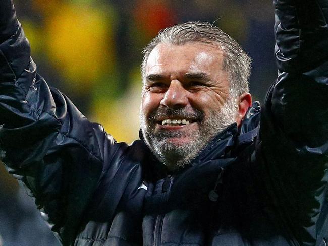 Tottenham Hotspur's Greek-Australian head coach Ange Postecoglou celebrates at the end of the UEFA Europa League semi-final second leg football match between Bodoe/Glimt and Tottenham Hotspur in Bodoe, Norway on May 8, 2025. Tottenham kept alive their hopes of ending a 17-year trophy drought and saving Ange Postecoglou from the sack as they beat Bodo/Glimt 2-0 on May 8 to book a Europa League final clash against Manchester United. (Photo by Mats Torbergsen / NTB / AFP) / Norway OUT