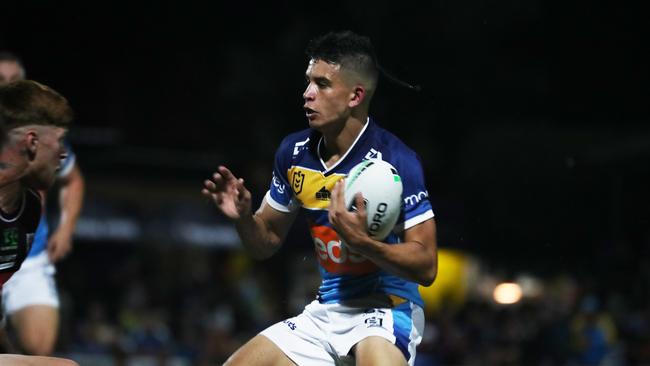 Gold Coast Titans fullback Jayden Campbell challenges the Burleigh Bears line during a pre-season trial at Pizzey Park. February 20, 2021. Photo Jason O'Brien