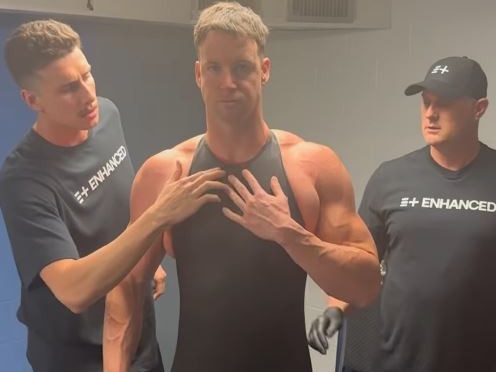 A juiced up James Magnussen with coach Brett Hawke (right). Photo: Instagram