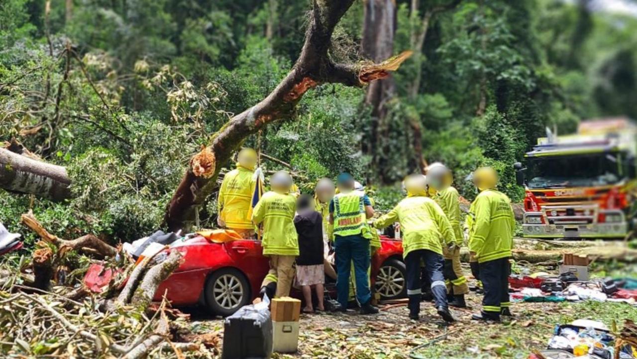 Emergency services crews work to free a man after a large tree fell on his car in the Bunya Mountains on Sunday. Picture RACQ LifeFlight Rescue