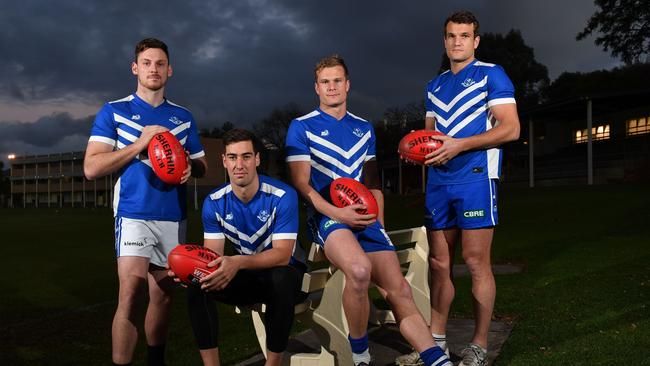 St Peter’s Old Collegians forwards Luke Trenorden, Luke Mitchell, Jock McLeay and James McLeay. Picture: AAP/Keryn Stevens