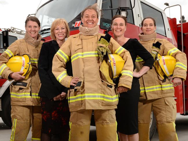 Female firefighter recruits with Emergency Services Minister Jane Garrett and CFA chief executive Lucinda Nolan. L-R Lee Evans, Lucinda Nolan, Amanda Bailey, Jane Garrett and Sarah Howson. Picture: Kylie Else