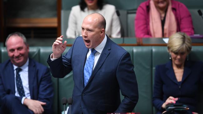 Australian Immigration Minister Peter Dutton speaks during House of Representatives Question Time at Parliament House in Canberra, Wednesday, October 25, 2017. (AAP Image/Lukas Coch)