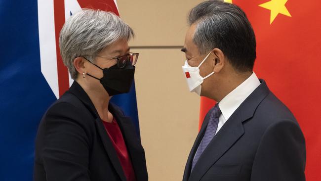 Australian Foreign Minister Penny Wong with her Chinese counterpart Wang Yi in New York. Picture: Department of Foreign Affairs and Trade via NCA NewsWire