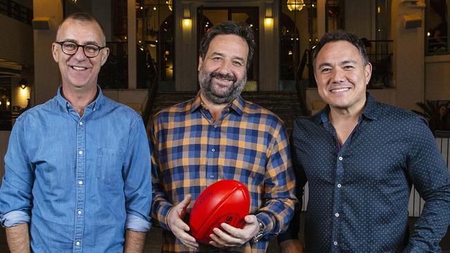 Front Bar hosts Andy Maher, Mick Molloy and Sam Pang. Picture: Ian Currie