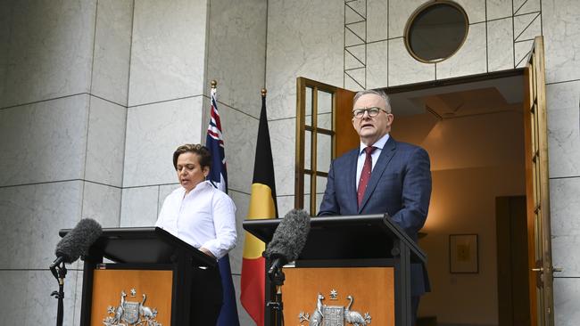 Anthony Albanese and Communications Minister Michelle Rowland hold a press conference at Parliament House in Canberra. Picture: NewsWire / Martin Ollman