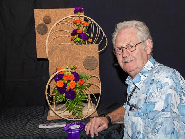 Michael Petrie with the champion in the open section, "Cane, Cork &amp; Colour" created by his wife, Janelle Petrie.Heritage Bank Toowoomba Royal Show.Friday April 19th, 2024 Picture: Bev Lacey