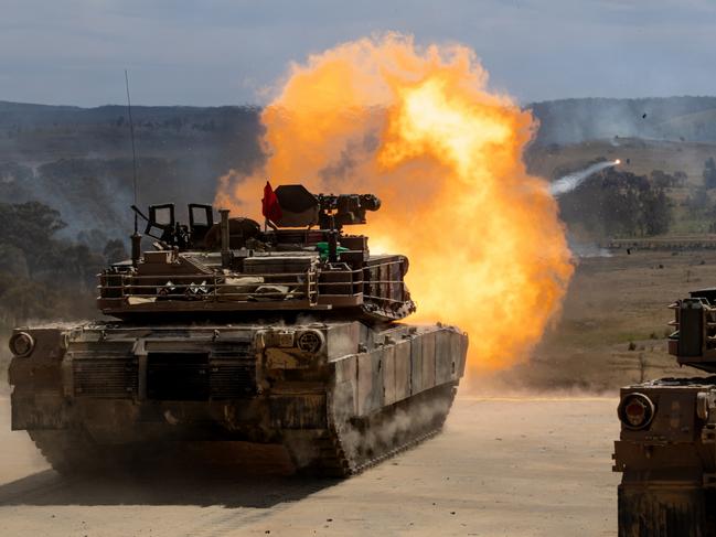 Australian Army Abrams M1A2 SEPv3 Main Battle Tanks during a live-fire serial as part of a qualification course for Royal Australian Armoured Corps soldiers at Puckapunyal Military Area, Victoria. PHOTO: CPL Jacob Joseph